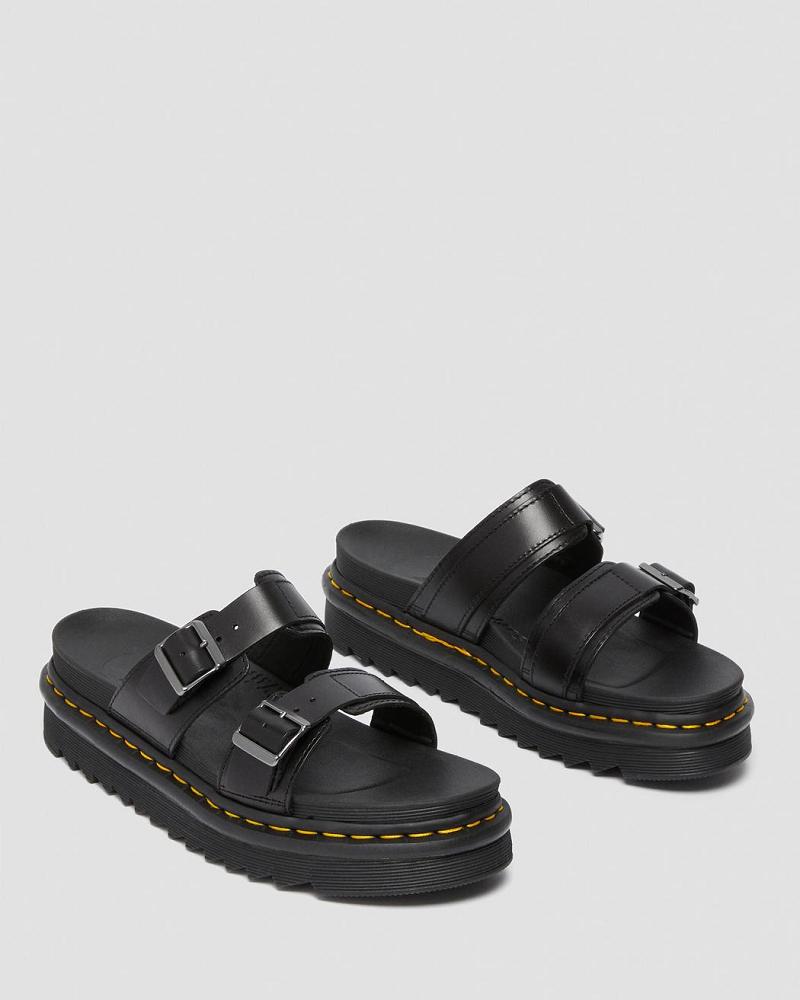 Dr Martens Myles Brando Læder Přezkou Slidesandaler Dame Sort | DK 321RVD